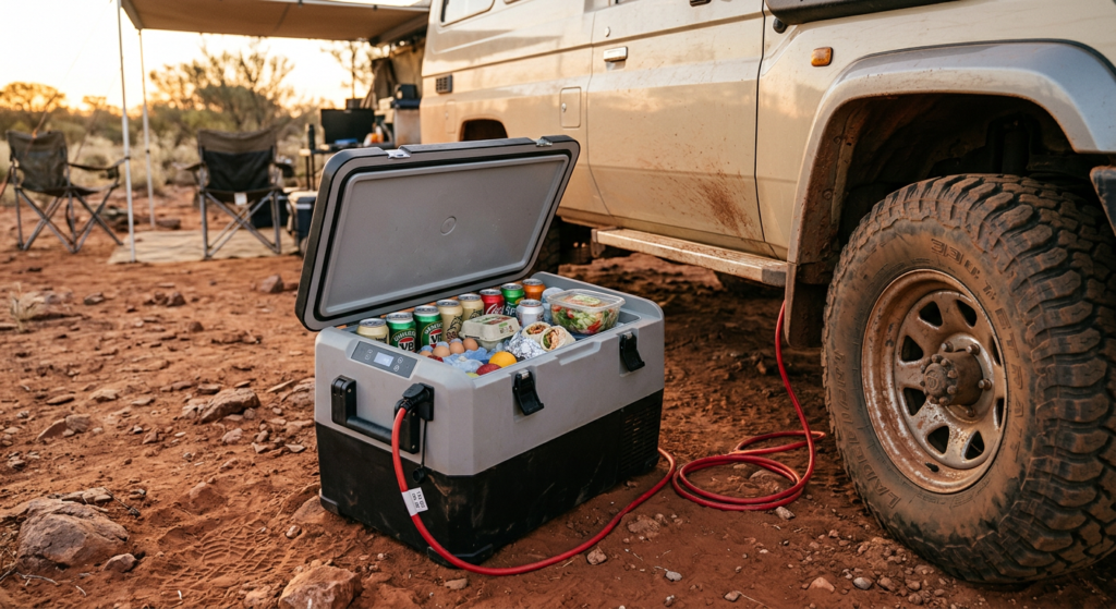 12V compressor fridge open at overlanding campsite next to Land Cruiser with red power cable