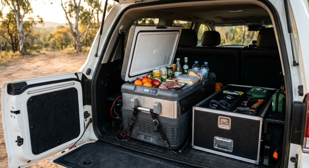 12V compressor fridge open in vehicle cargo area loaded with food and drinks for overlanding
