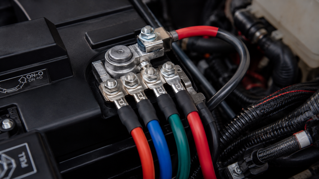 Multi-gauge cables connected to battery terminal block in overlanding vehicle engine bay