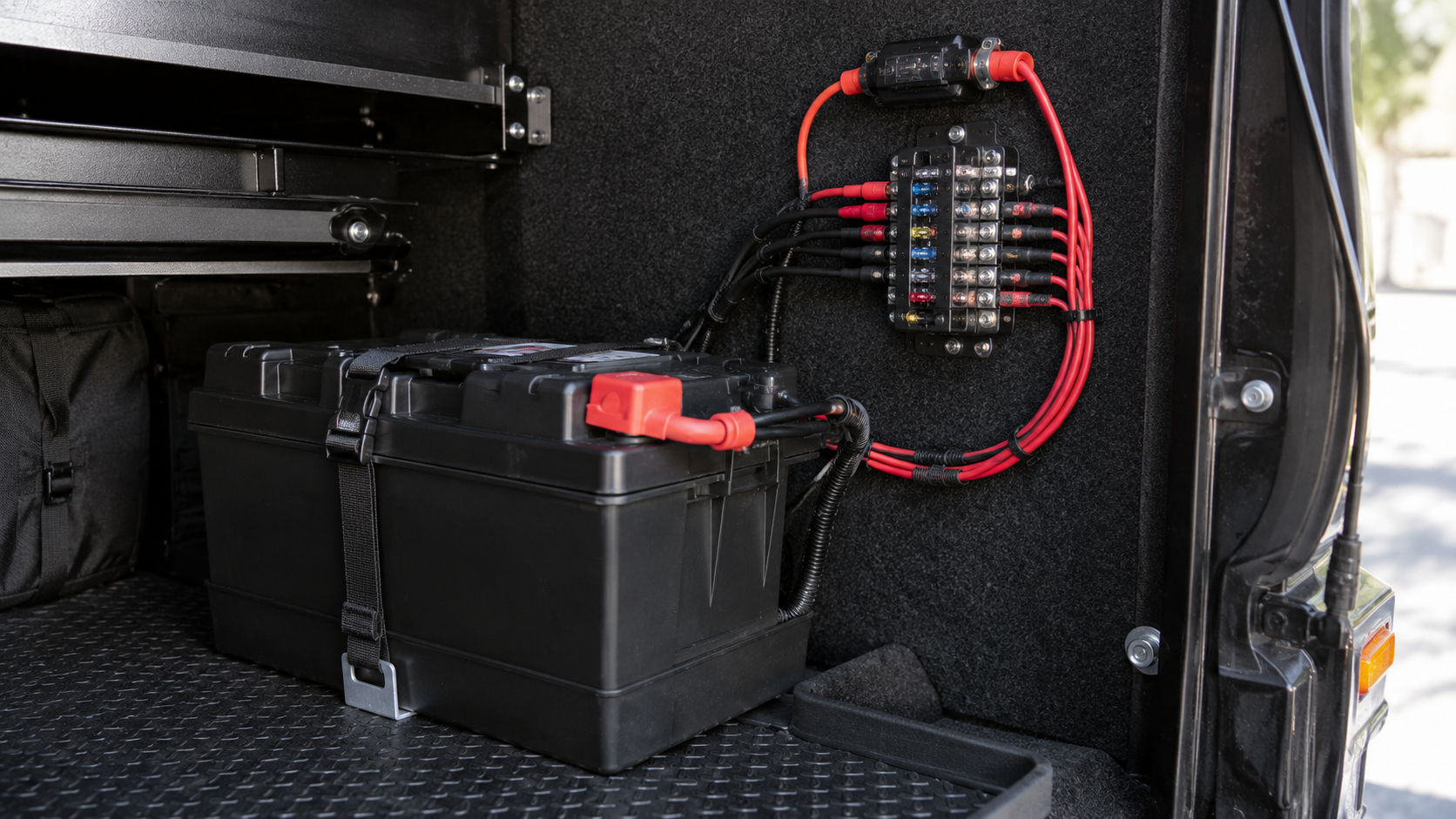Auxiliary battery in cargo area with Blue Sea fuse block wiring overlanding setup