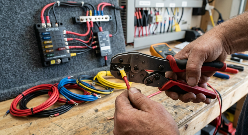 Hands crimping ring terminal on wire with fuse block and coloured cables visible on workbench in background
