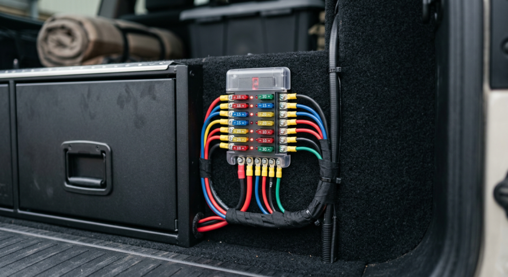 Multi-circuit 12V blade fuse block with colour-coded wiring mounted in vehicle cargo area beside drawer system